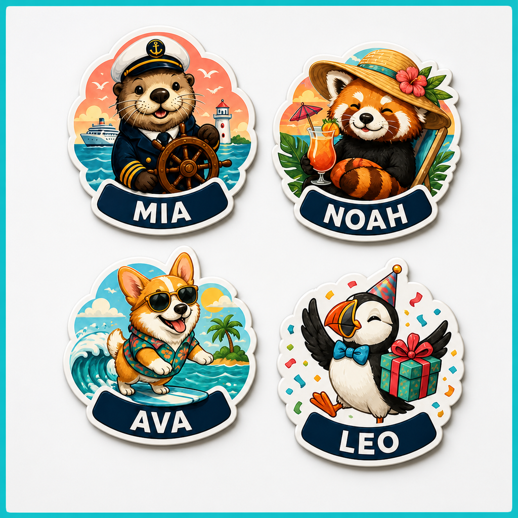 Set of four HANOSS cruise door magnets featuring captain otter MIA, tropical red panda NOAH, surfing corgi AVA and party puffin LEO