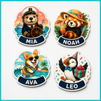 Set of four HANOSS cruise door magnets featuring captain otter MIA, tropical red panda NOAH, surfing corgi AVA and party puffin LEO