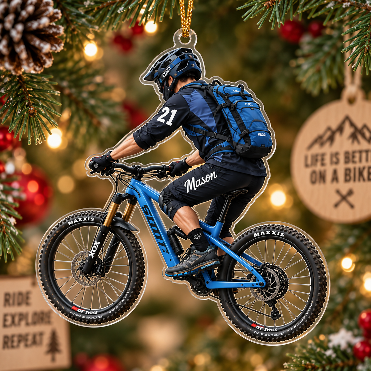 Mountain Biker With Custom Name - Personalized Acrylic Ornament - Christmas Gift For Cyclist & MTB Lover