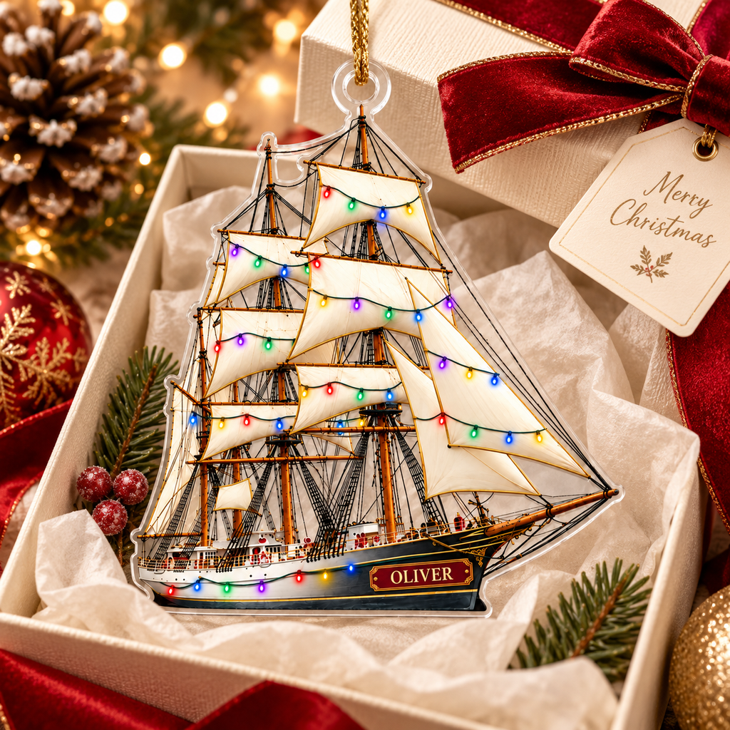Tall Sailing Ship With Christmas Lights & Custom Name - Personalized Acrylic Ornament - Christmas Gift For Sailor & Boat Lover