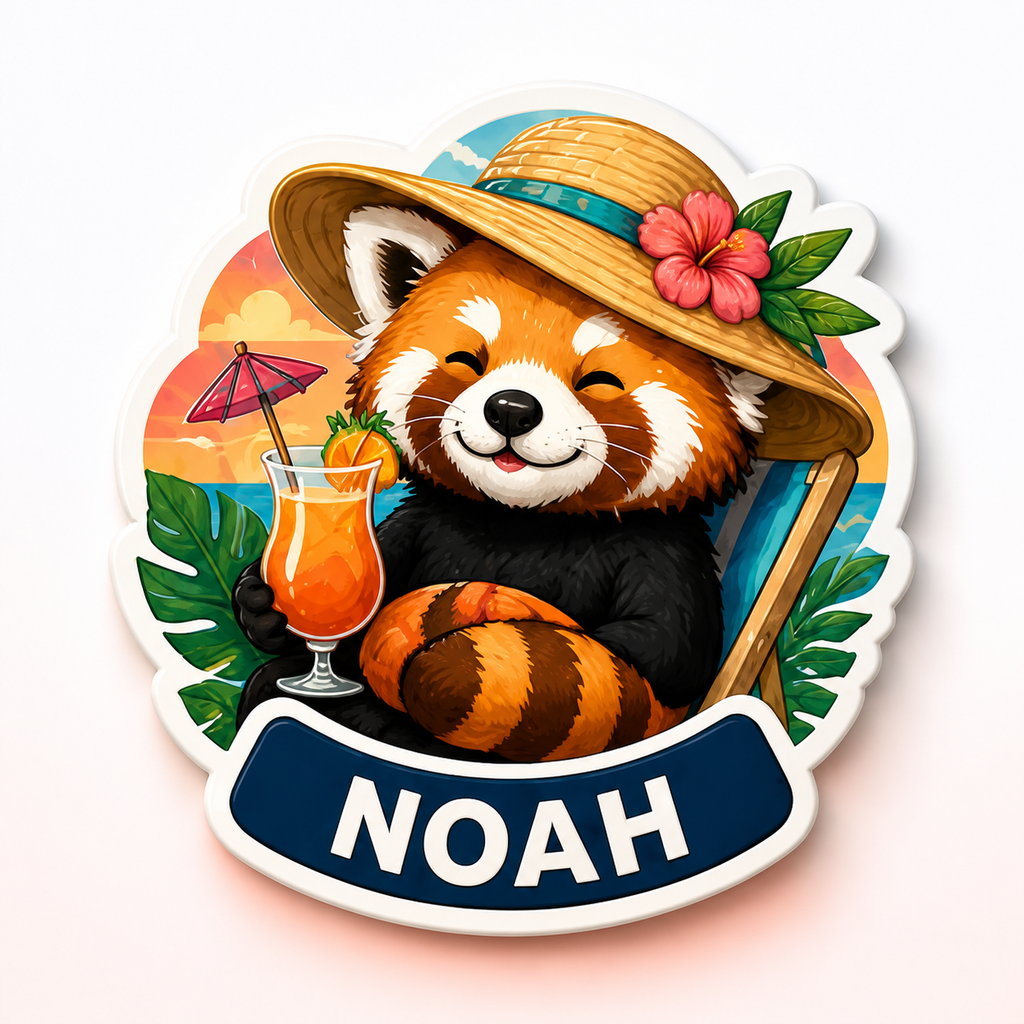 Tropical red panda cruise door magnet with sunhat and sample name NOAH