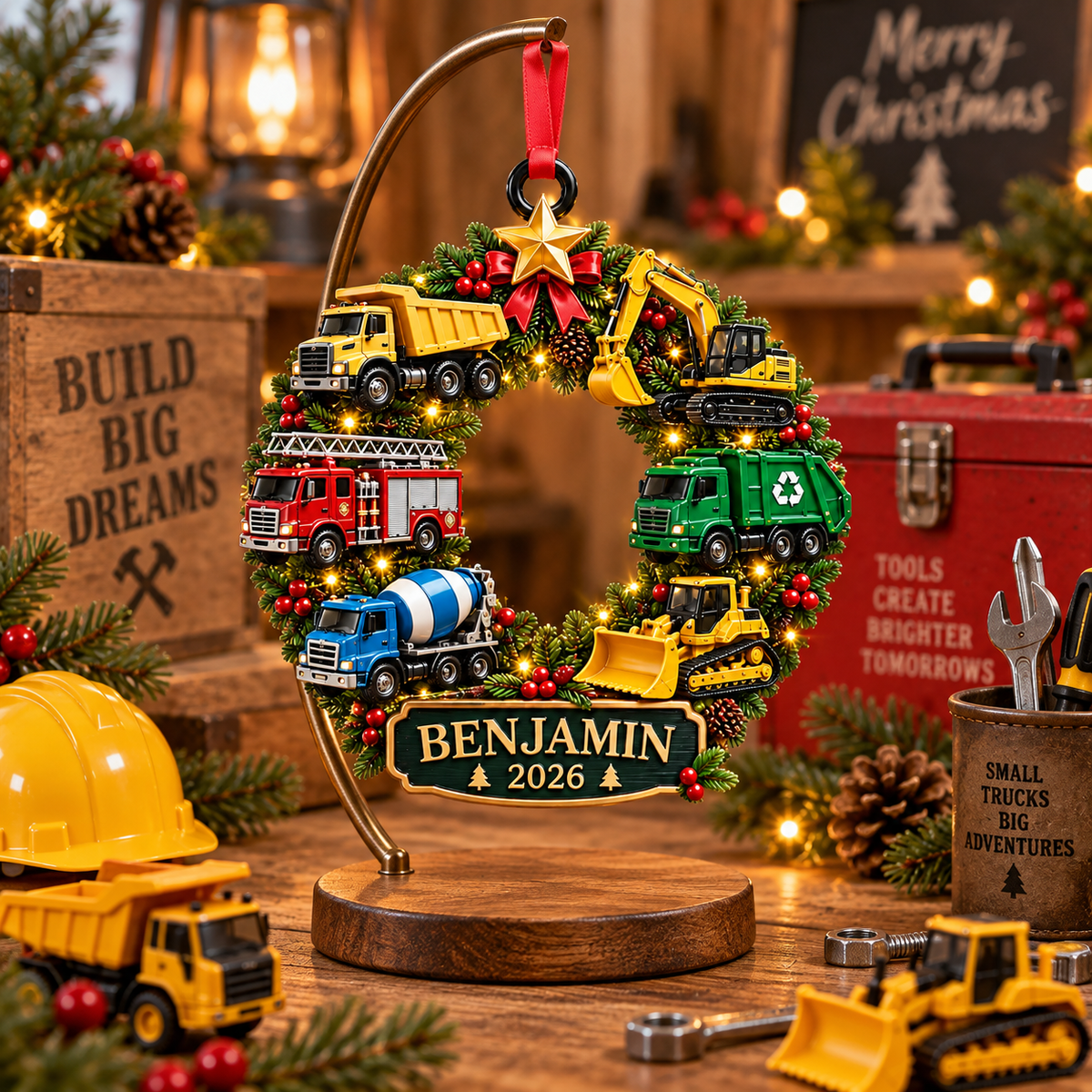 Construction Vehicles Christmas Wreath With Custom Name & Year - Personalized Acrylic Ornament - Christmas Gift For Boys