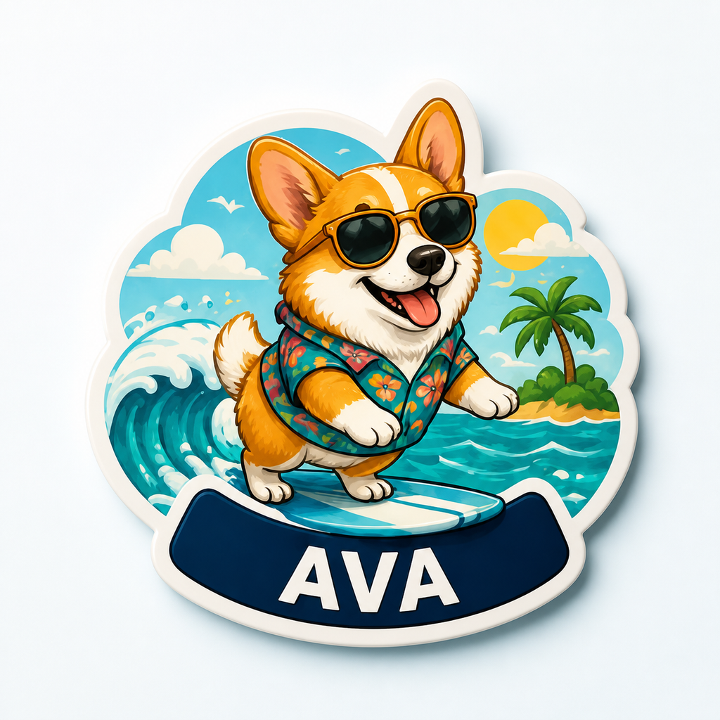 Surfing corgi cruise door magnet with sunglasses and sample name AVA