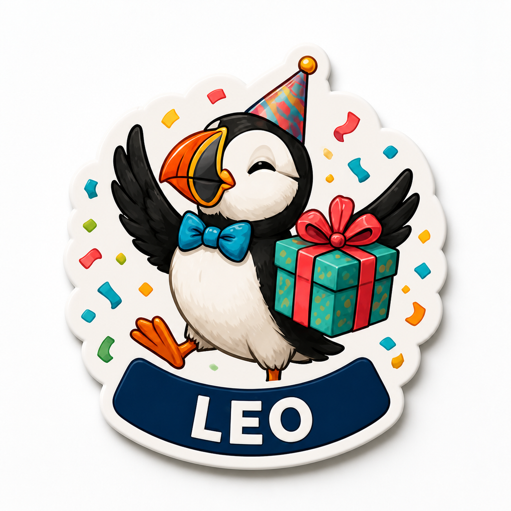 Party puffin cruise door magnet with gift and sample name LEO