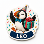 Party puffin cruise door magnet with gift and sample name LEO