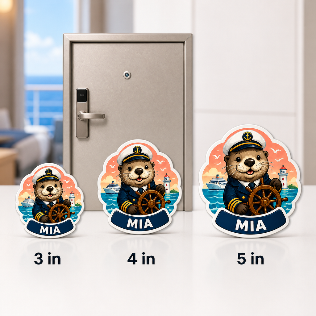 Three personalized captain otter magnets comparing 3 inch, 4 inch and 5 inch sizes