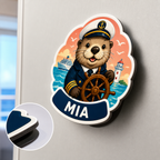 Close-up of personalized captain otter cruise door magnet showing printed face, white edge and magnetic backing