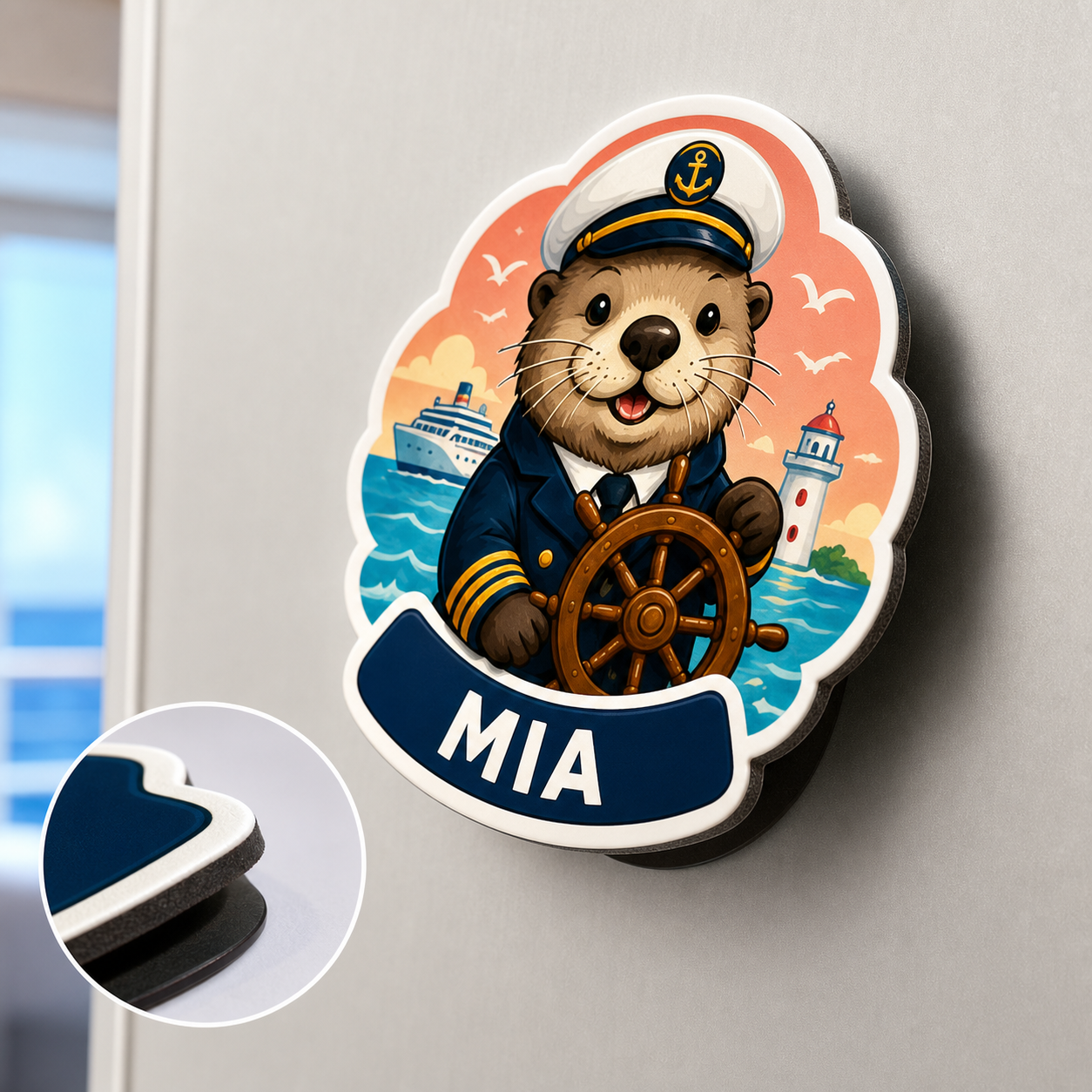 Close-up of personalized captain otter cruise door magnet showing printed face, white edge and magnetic backing