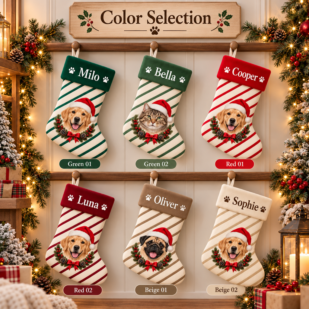 Personalized Pet Christmas Stocking, Custom Dog Cat Photo Stocking, Striped Christmas Stocking, Pet Lover Gift, Xmas Mantel Decor