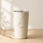 Cream insulated tumbler engraved with a fishing rod and the word Dad