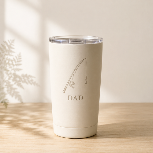 Cream insulated tumbler engraved with a fishing rod and the word Dad