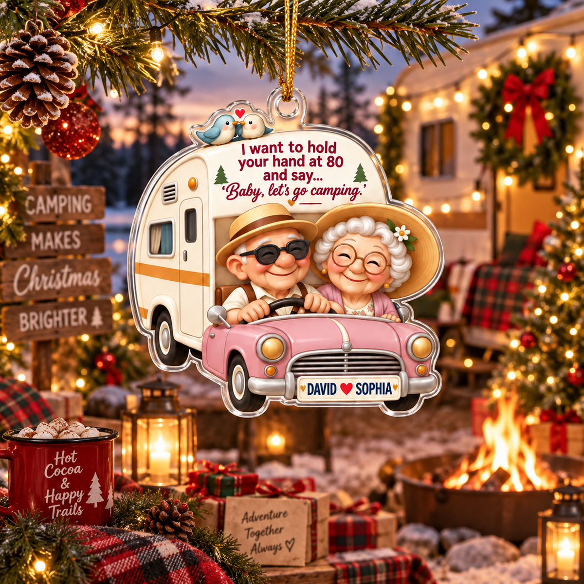 I Want To Hold Your Hand At 80, Let’s Go Camping - Personalized Couple Acrylic Car Ornament - Anniversary Gift For Husband & Wife