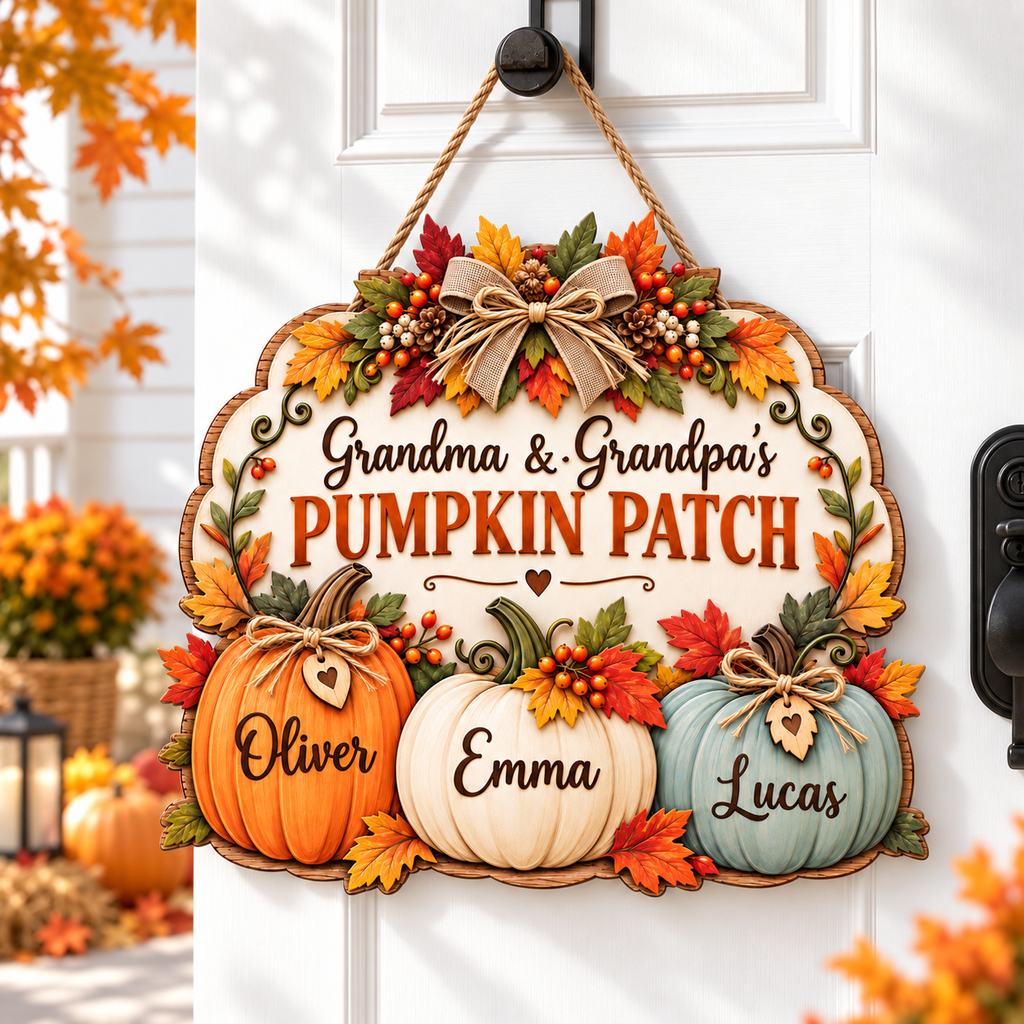 Personalized Pumpkin Patch Sign for Grandparents – Grandma & Grandpa Fall Wood Door Hanger
