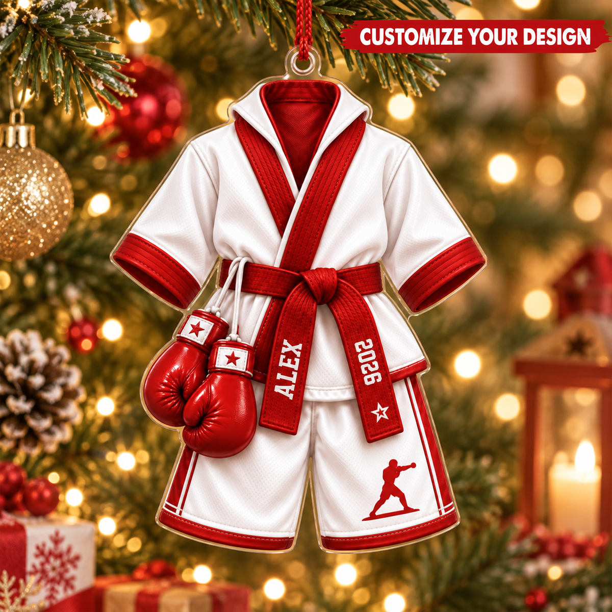 Martial Arts Uniform & Boxing Gloves With Custom Name & Year - Personalized Acrylic Ornament - Christmas Gift For Fighter