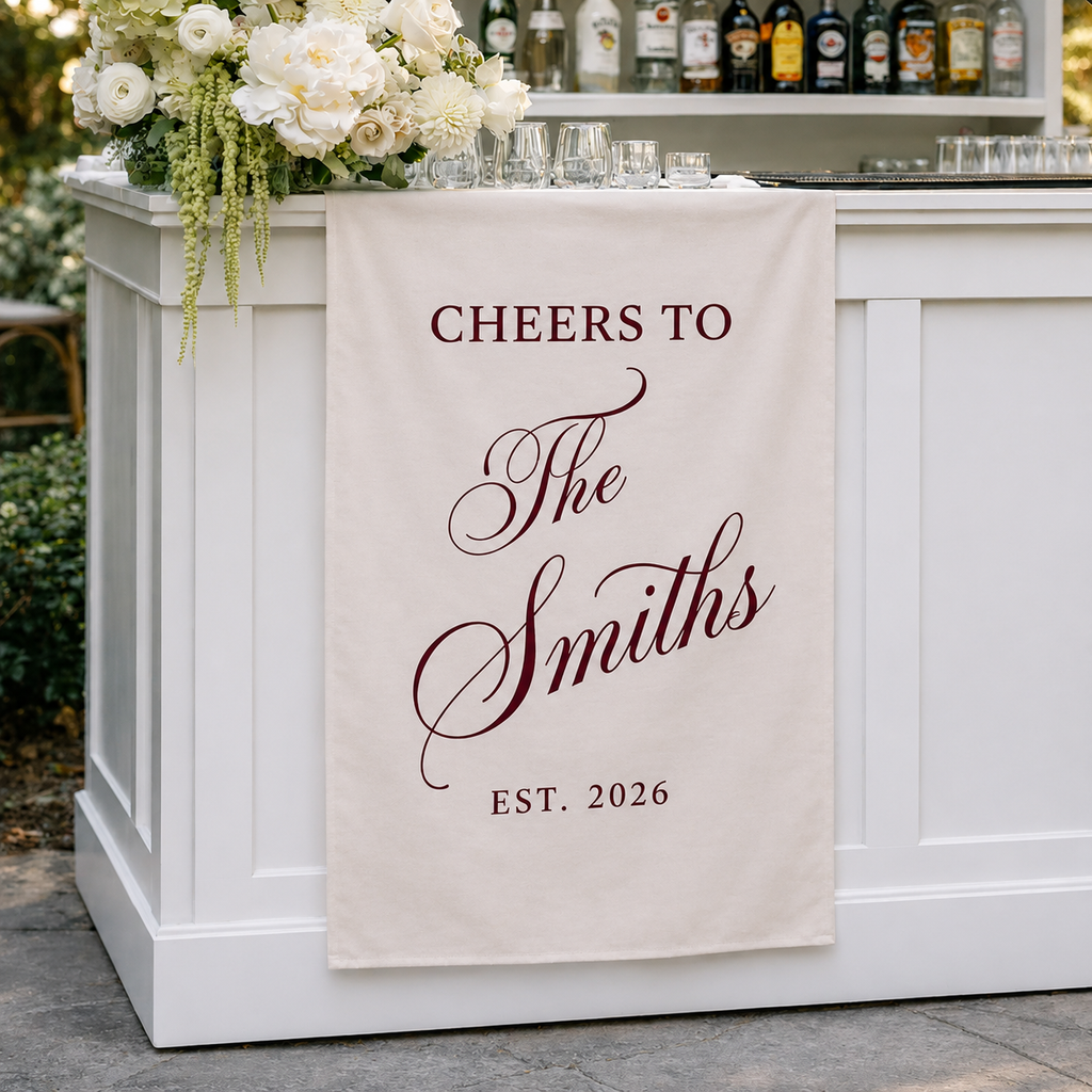 Custom Wedding Bar Runner Sign, Personalized Family Name Linen Decor, Signature Drink Wedding Sign
