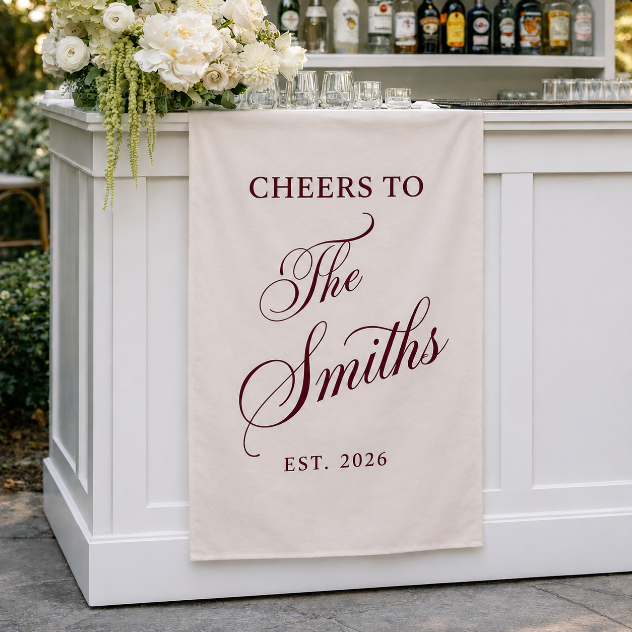 Custom Wedding Bar Runner Sign, Personalized Family Name Linen Decor, Signature Drink Wedding Sign