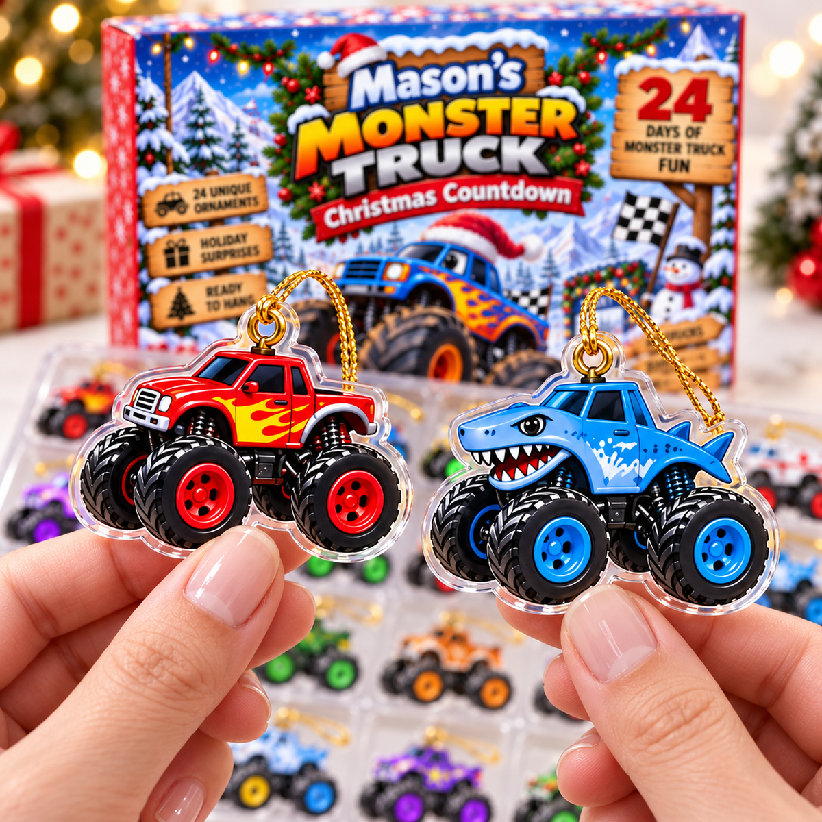 24-Day Monster Truck Christmas Countdown With Custom Name - 24 Piece Ornament Advent Calendar - Christmas Gift For Boys & Truck Lovers