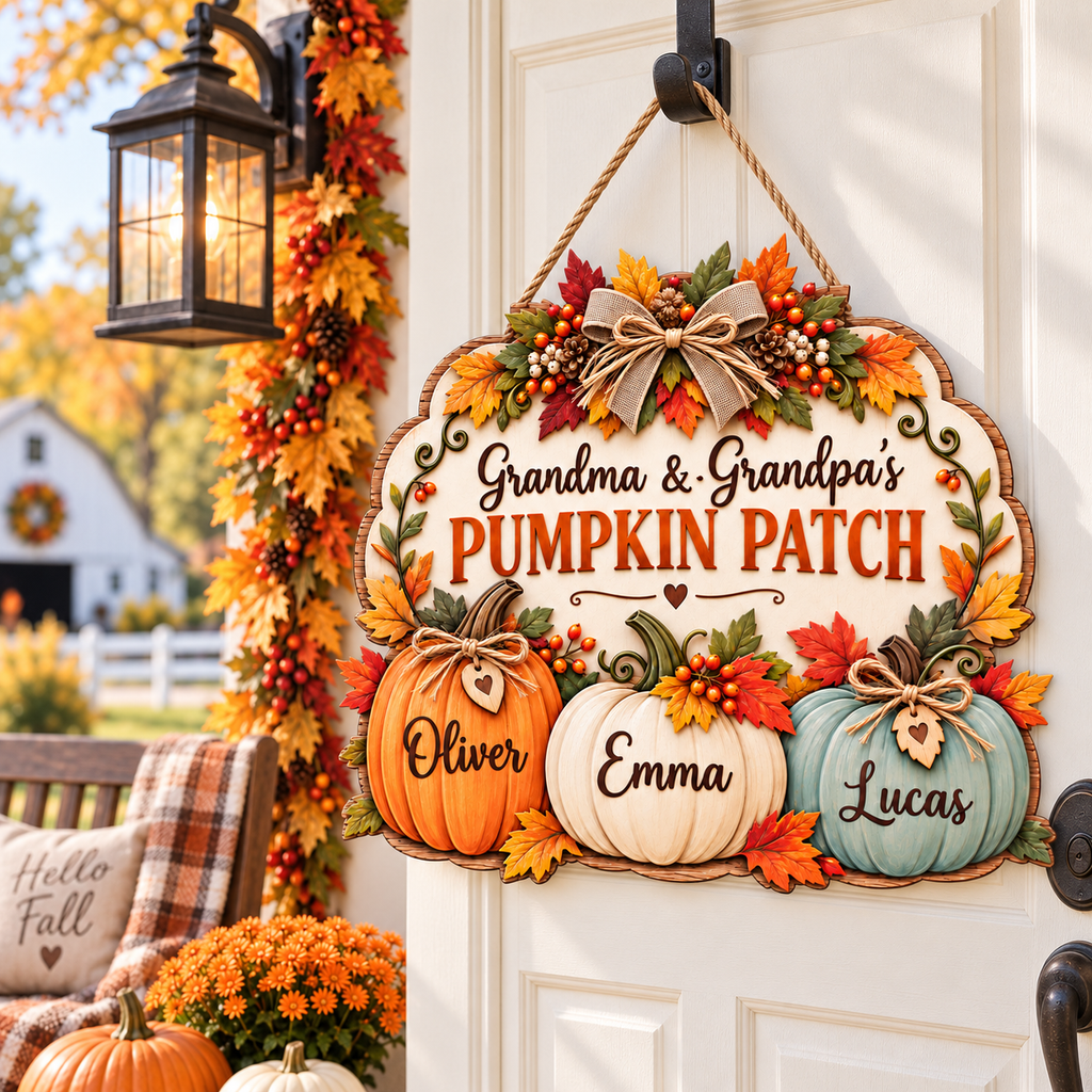 Personalized Pumpkin Patch Sign for Grandparents – Grandma & Grandpa Fall Wood Door Hanger