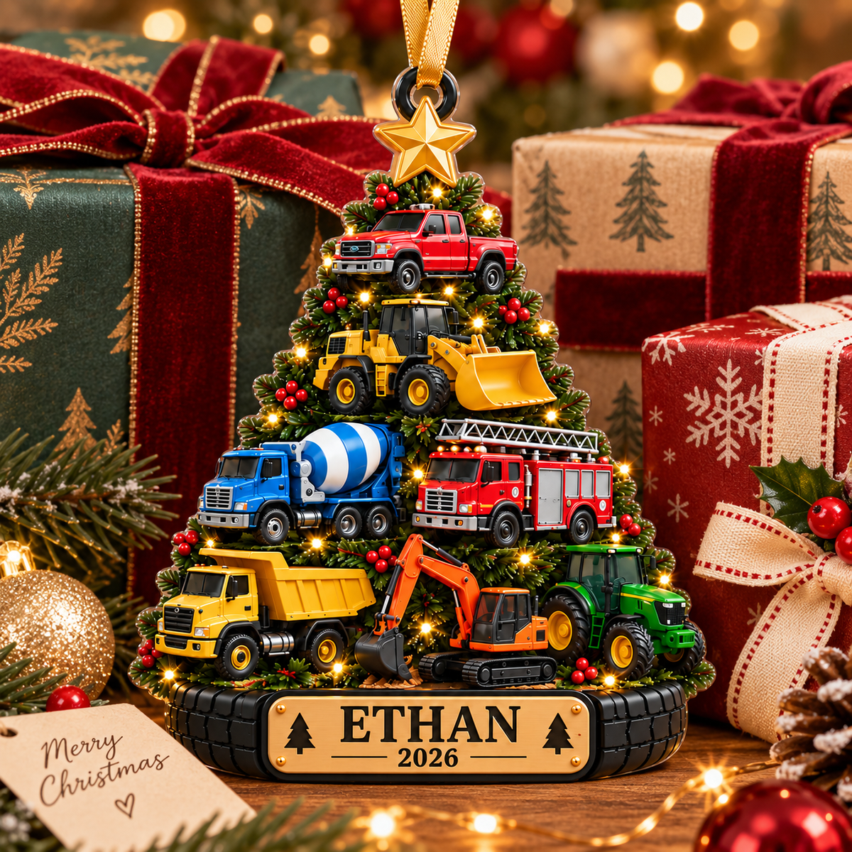 Construction Trucks Christmas Tree With Custom Name & Year - Personalized Acrylic Ornament - Christmas Gift For Boys & Kids