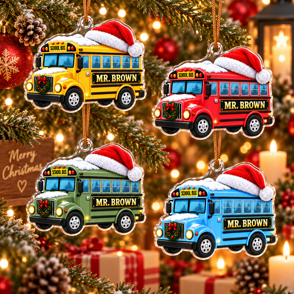 School Bus With Santa Hat & Custom Name - Personalized Acrylic Ornament - Christmas Gift For Bus Driver