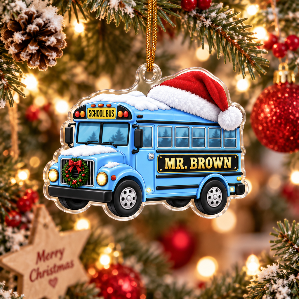 School Bus With Santa Hat & Custom Name - Personalized Acrylic Ornament - Christmas Gift For Bus Driver