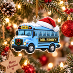 School Bus With Santa Hat & Custom Name - Personalized Acrylic Ornament - Christmas Gift For Bus Driver