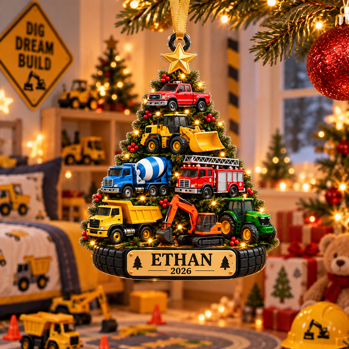 Construction Trucks Christmas Tree With Custom Name & Year - Personalized Acrylic Ornament - Christmas Gift For Boys & Kids
