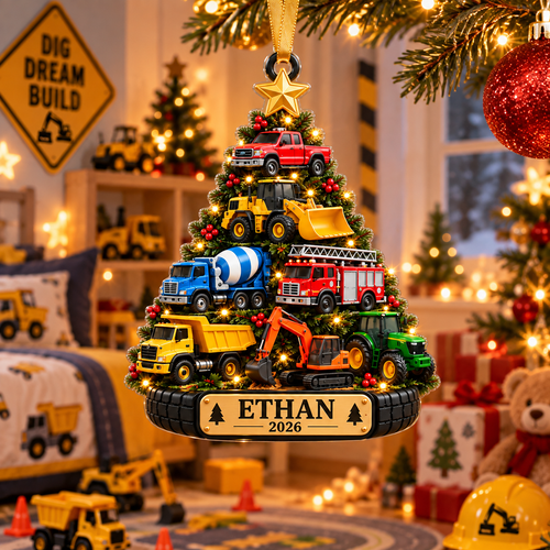 Construction Trucks Christmas Tree With Custom Name & Year - Personalized Acrylic Ornament - Christmas Gift For Boys & Kids