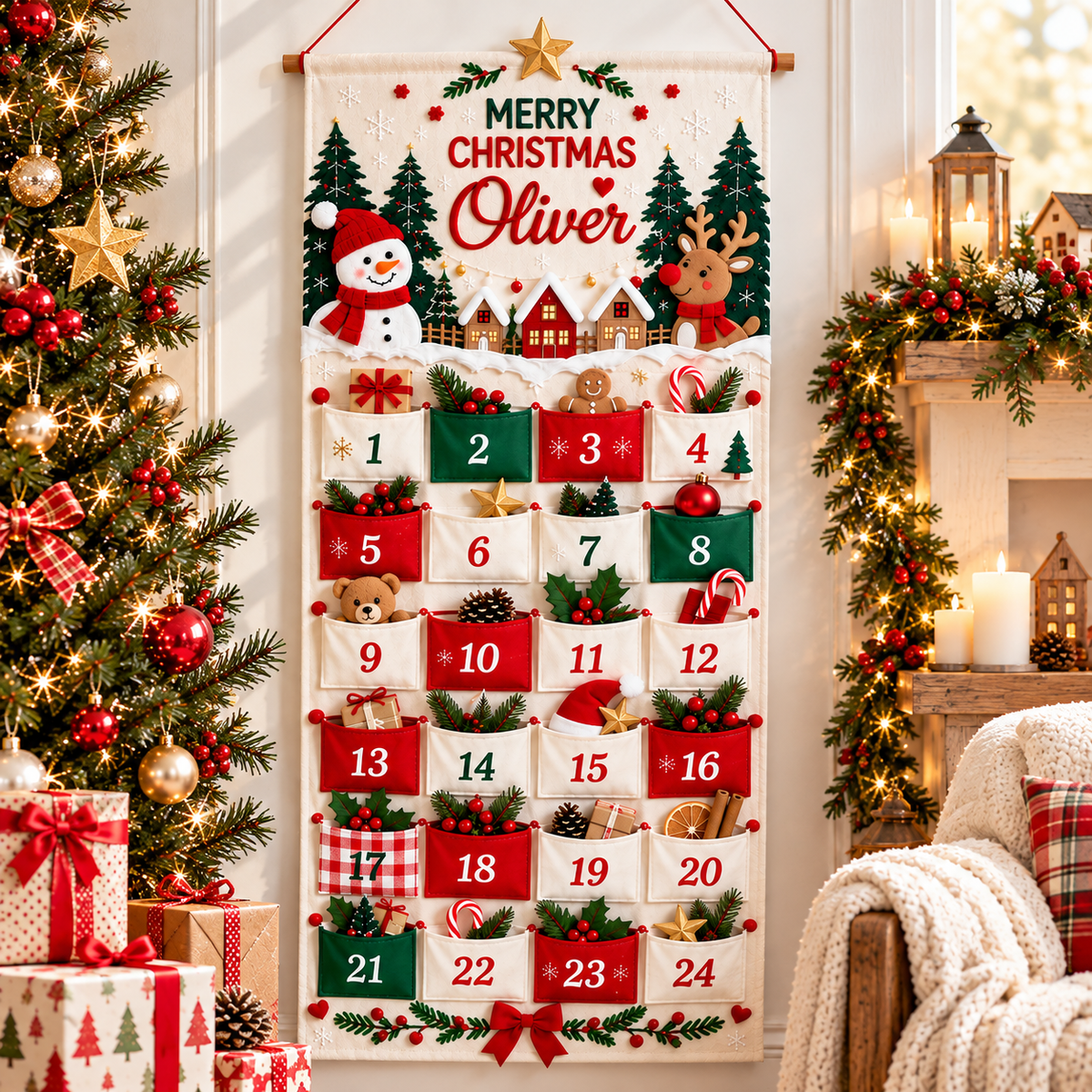 Personalized Christmas Advent Calendar, 24 Fillable Pockets, Reusable Christmas Wall Hanging, Home Countdown for Family Traditions