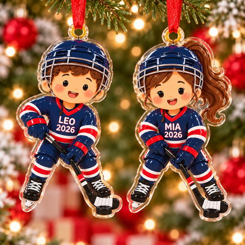 Custom Boy Girl Ice Hockey Player Ornament, Hockey Christmas Acrylic Relief Ornament, Hockey Team Gift, Sports Christmas Tree Decoration