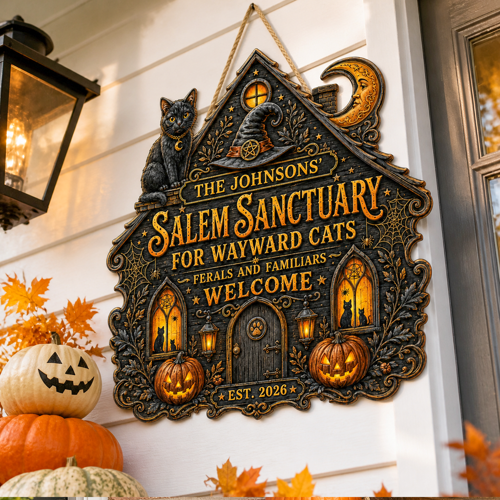 Salem Sanctuary For Wayward Cats - Personalized Family Name Wood Sign - Halloween Decor For Cat Lovers