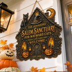 Salem Sanctuary For Wayward Cats - Personalized Family Name Wood Sign - Halloween Decor For Cat Lovers