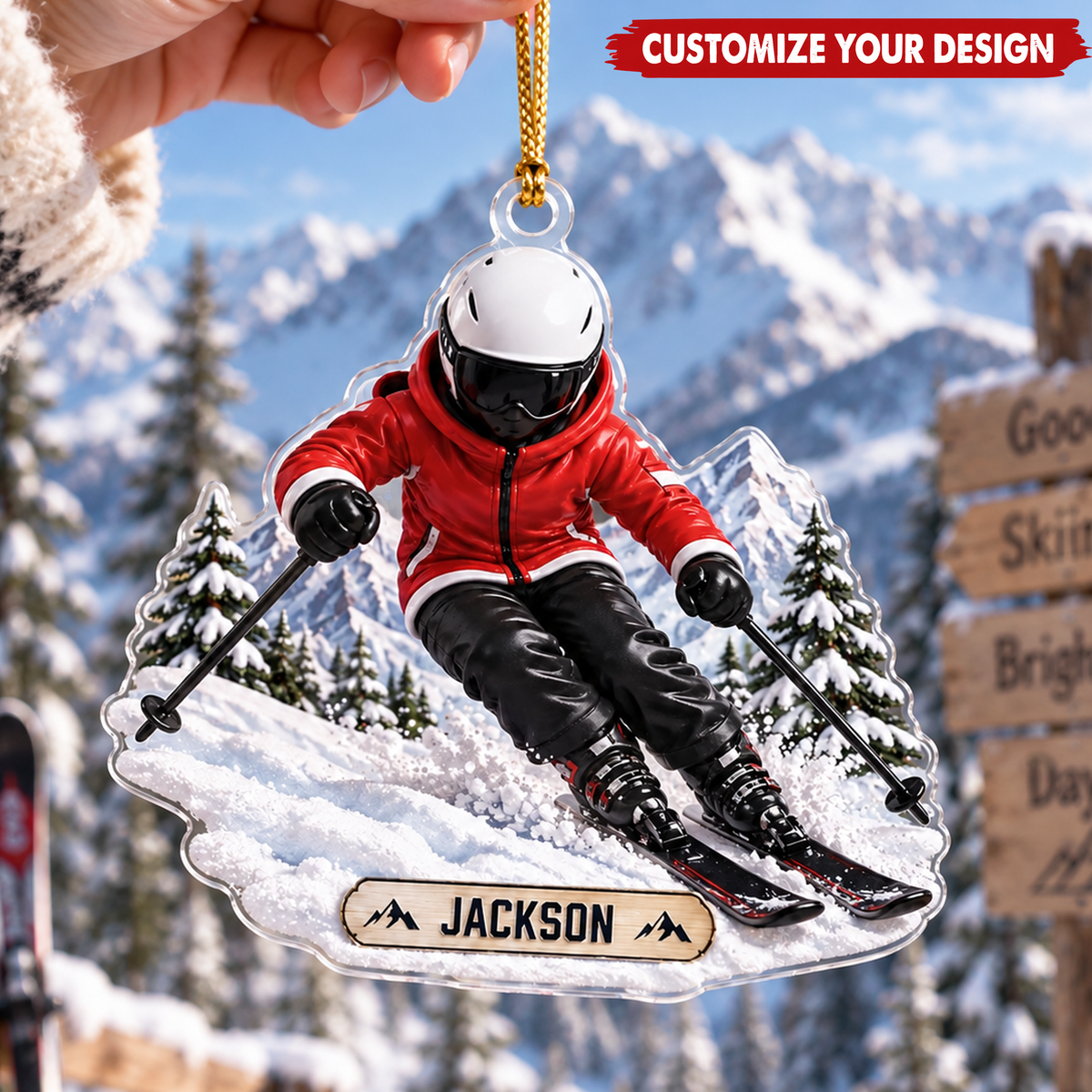 Downhill Skier In Snowy Mountains With Custom Name - Personalized Acrylic Ornament - Christmas Gift For Skier