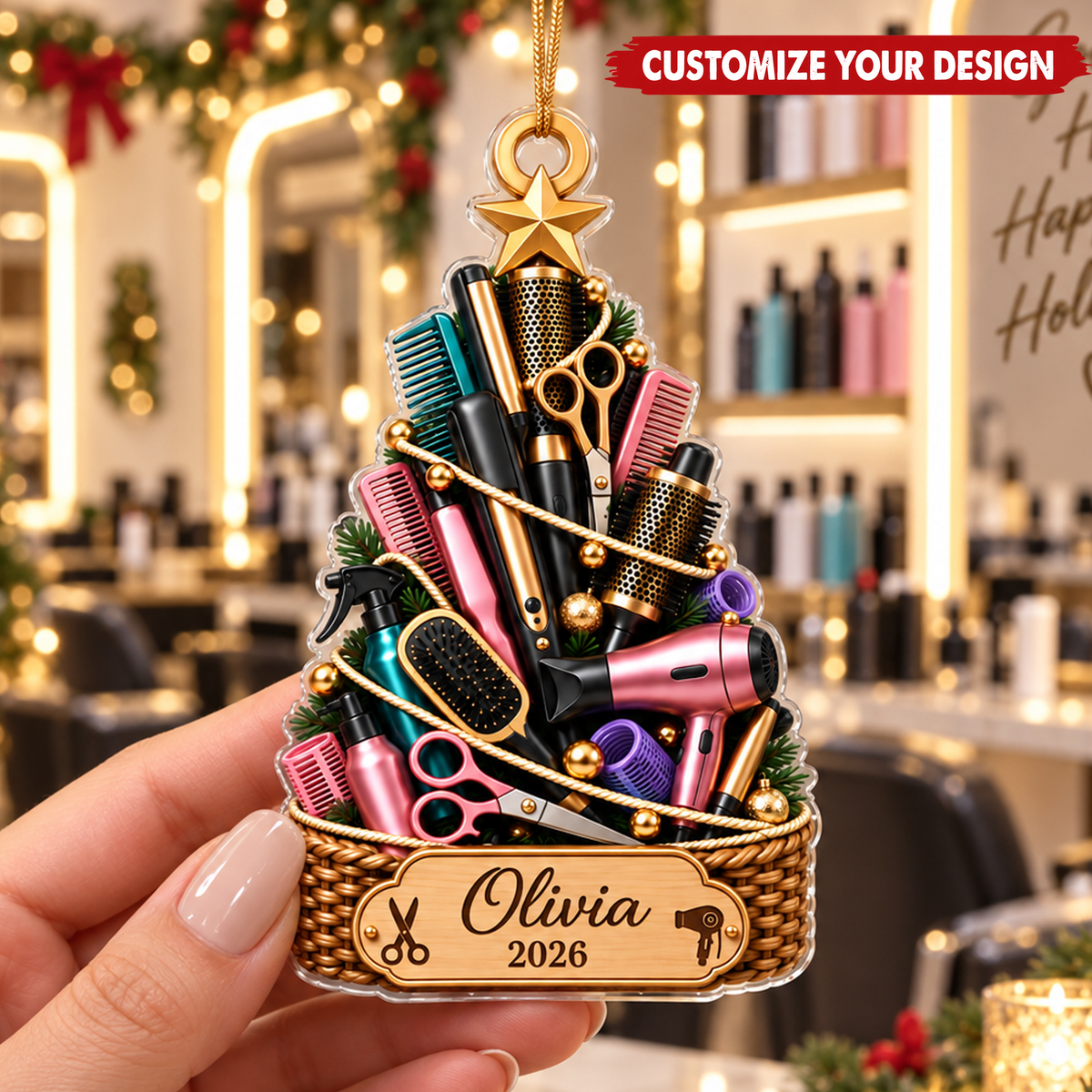 Hair Stylist Tools Christmas Tree With Custom Name & Year - Personalized Acrylic Ornament - Christmas Gift For Hairdresser