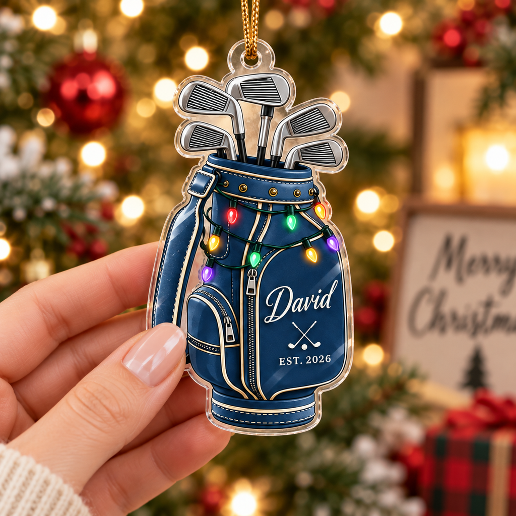 Golf Bag & Clubs With Custom Name & EST. Year - Personalized Acrylic Ornament - Christmas Gift For Golfer