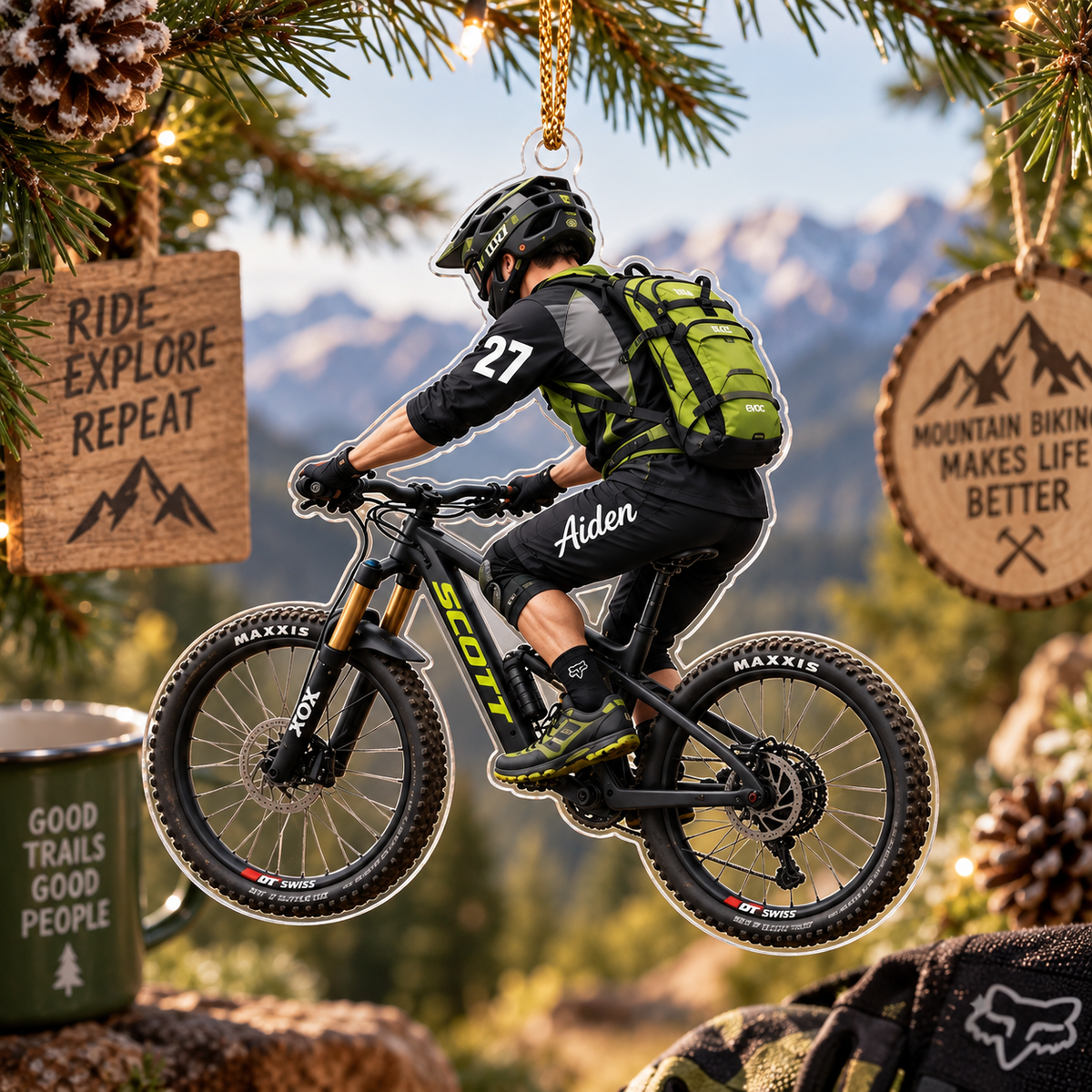 Mountain Biker With Custom Name - Personalized Acrylic Ornament - Christmas Gift For Cyclist & MTB Lover