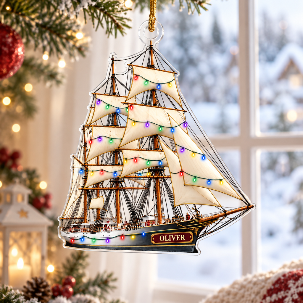 Tall Sailing Ship With Christmas Lights & Custom Name - Personalized Acrylic Ornament - Christmas Gift For Sailor & Boat Lover