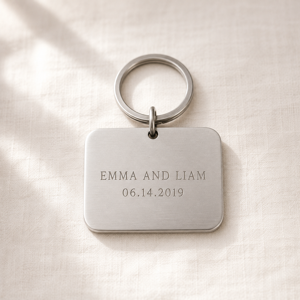 Stainless steel keychain engraved EMMA AND LIAM with a date
