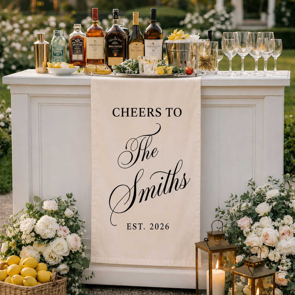 Custom Wedding Bar Runner Sign, Personalized Family Name Linen Decor, Signature Drink Wedding Sign