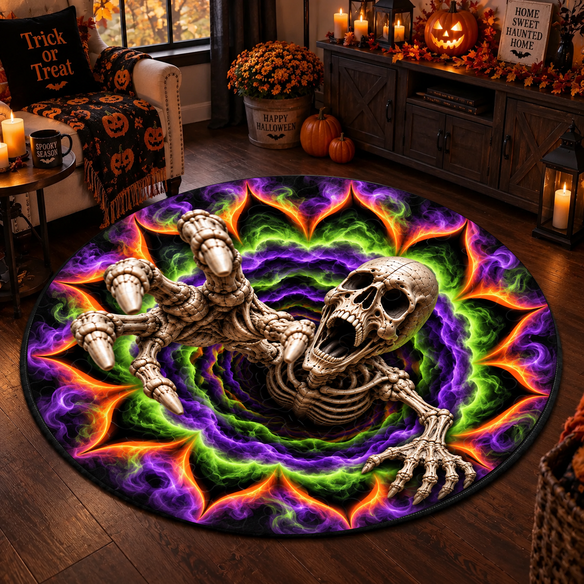 Scary Skeleton Vortex - 3D Illusion Quilted Round Mat - Halloween Decor For Horror Lovers