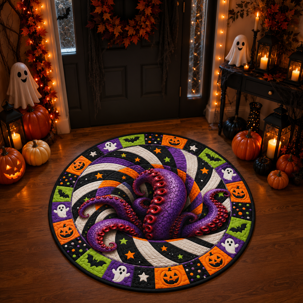 Halloween Skeleton Quilted Round Mat – 3D Vortex Illusion