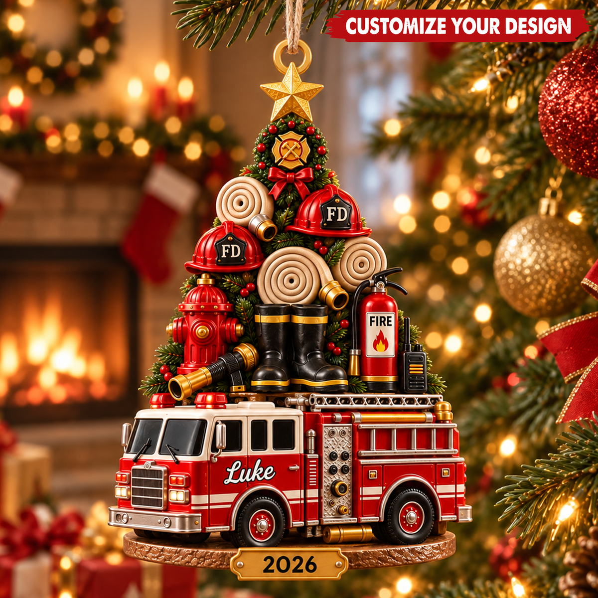 Firefighter Christmas Tree With Custom Name & Year - Personalized Acrylic Ornament - Christmas Gift For Firefighter