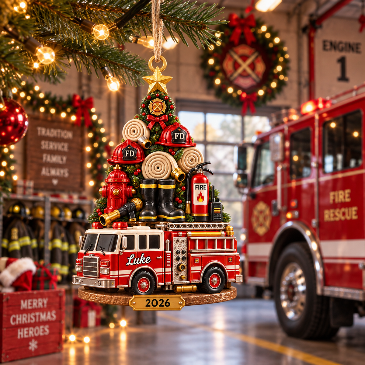 Firefighter Christmas Tree With Custom Name & Year - Personalized Acrylic Ornament - Christmas Gift For Firefighter