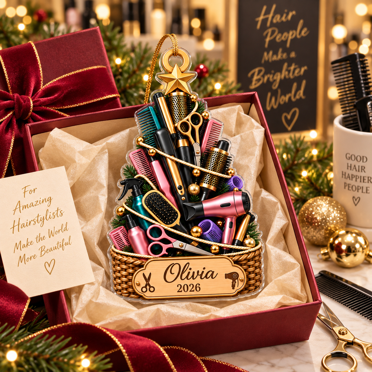 Hair Stylist Tools Christmas Tree With Custom Name & Year - Personalized Acrylic Ornament - Christmas Gift For Hairdresser