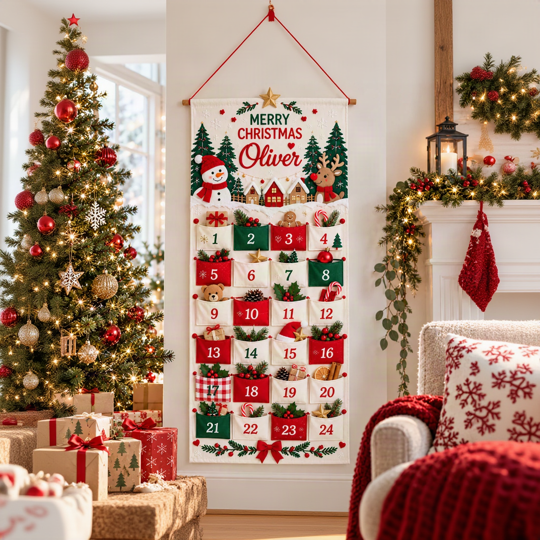 Personalized Christmas Advent Calendar, 24 Fillable Pockets, Reusable Christmas Wall Hanging, Home Countdown for Family Traditions