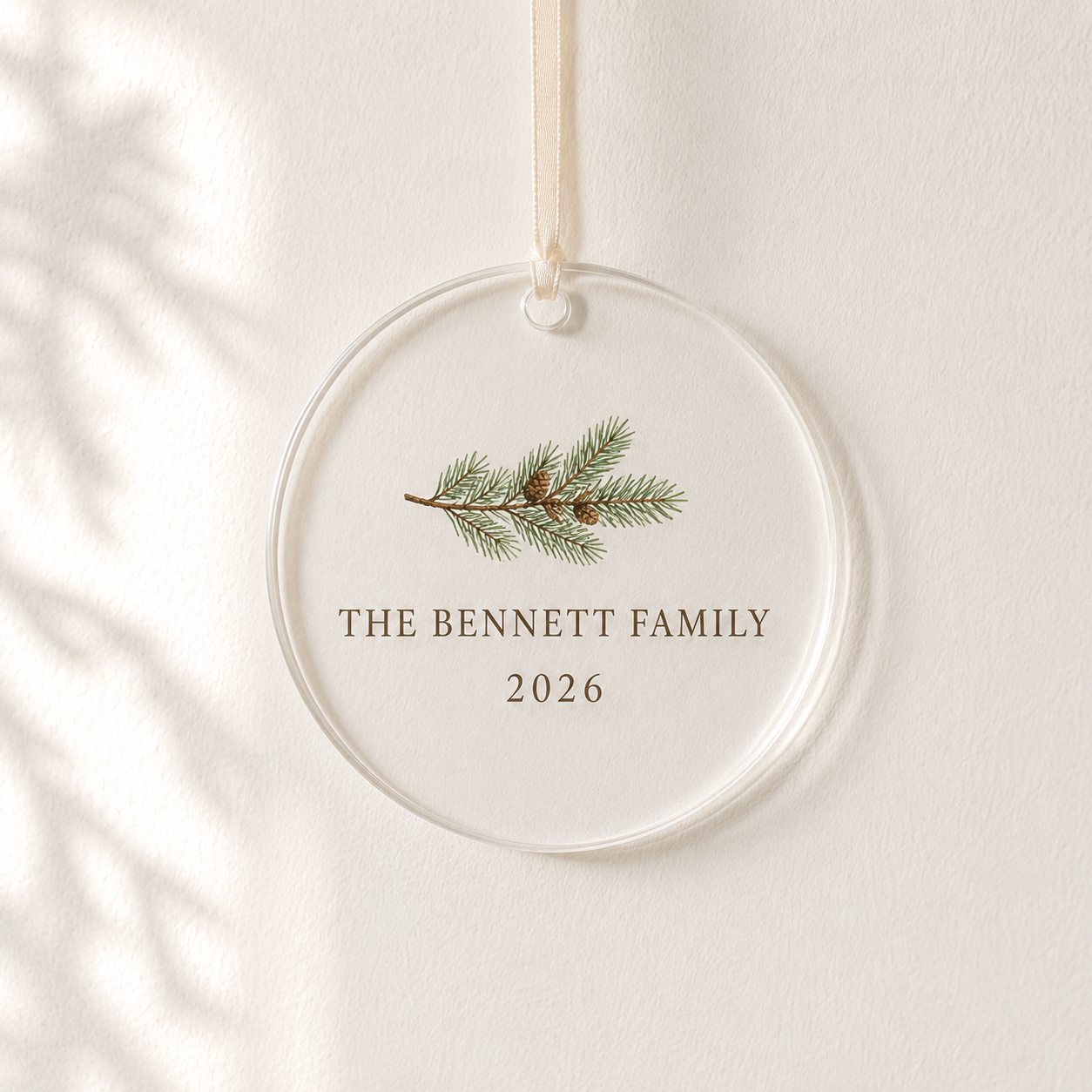 Clear acrylic ornament printed The Bennett Family 2026