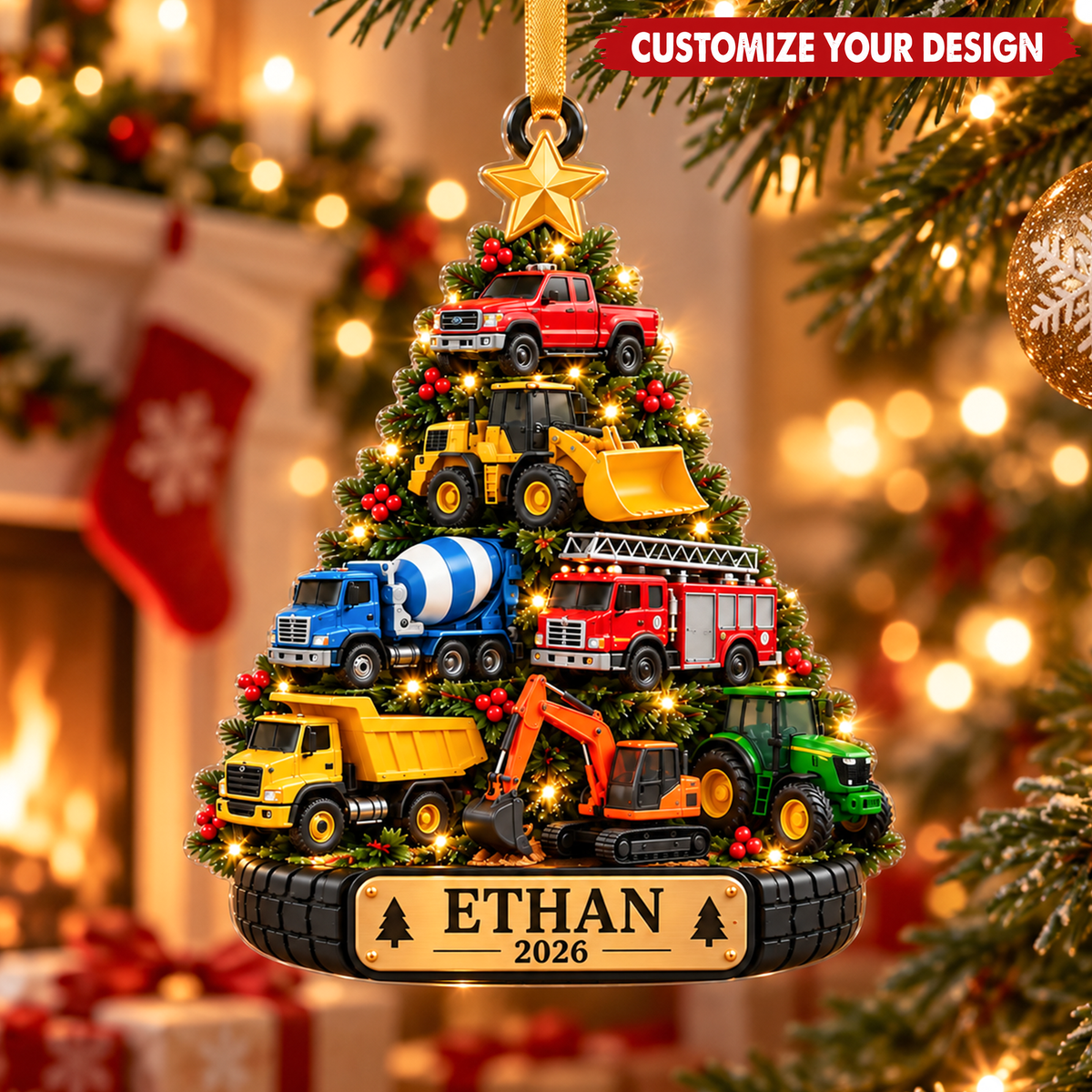 Construction Trucks Christmas Tree With Custom Name & Year - Personalized Acrylic Ornament - Christmas Gift For Boys & Kids