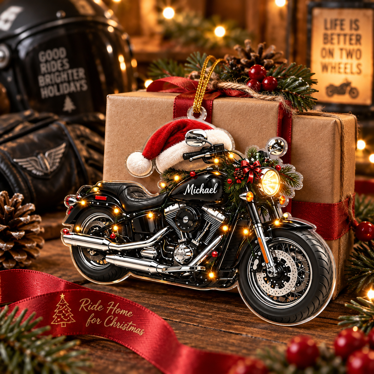Motorcycle With Santa Hat & Custom Name - Personalized Acrylic Ornament - Christmas Gift For Biker & Motorcycle Lover