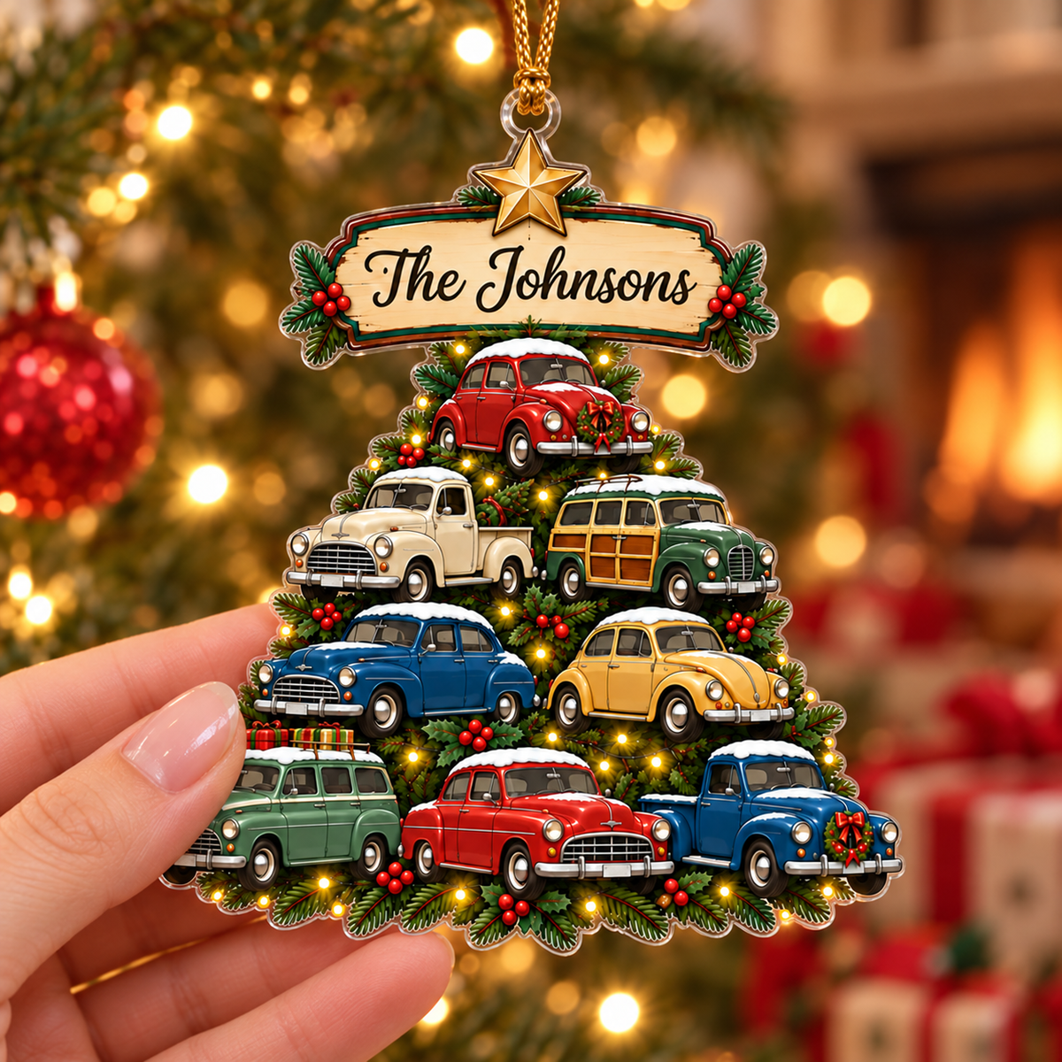 Vintage Cars Christmas Tree With Custom Family Name - Personalized Acrylic Ornament - Christmas Gift For Car Lovers