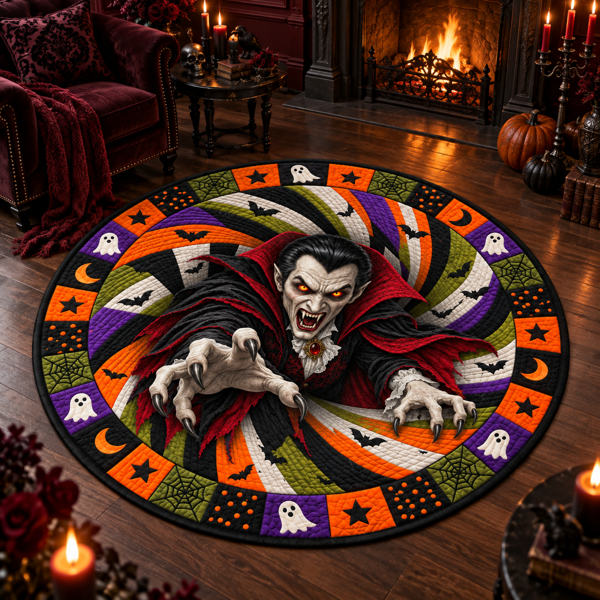 Halloween Witch Quilted Round Mat – 3D Vortex Illusion